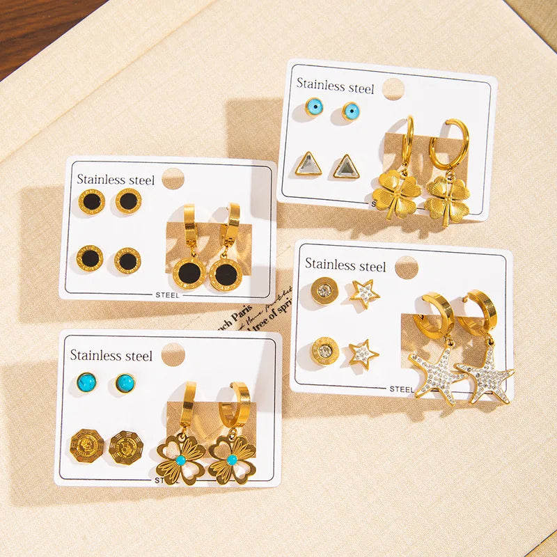 Fashion Gold Plated Star Flower Earrings Set Stylish Stainless Steel Jewelry Suitable for Anniversary Party