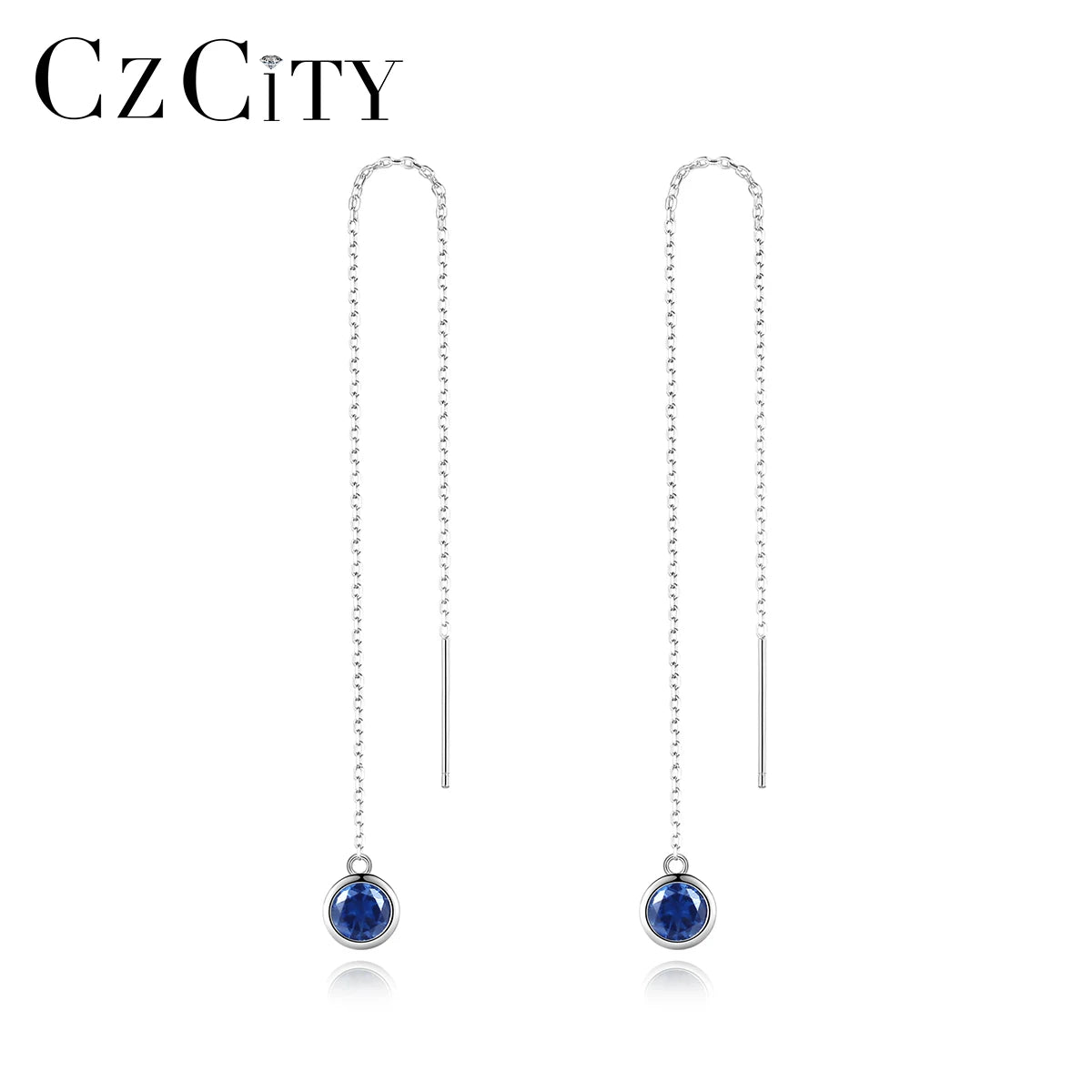 CZCITY Simple 925 Sterling Silver Thread Hanging Long Earrings for Women Cubic Zircon Drop Line Earring