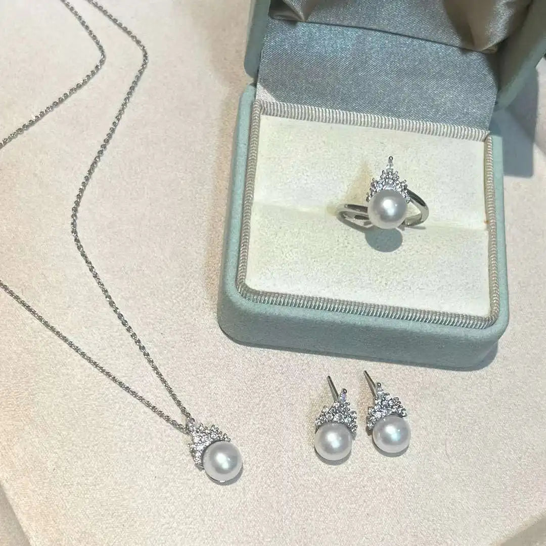 Ice and Snow Queen Set S925 Silver Needle Anti Allergy Natural Freshwater Pearl Necklace Ring Earring Set Pearl Jewelry Set