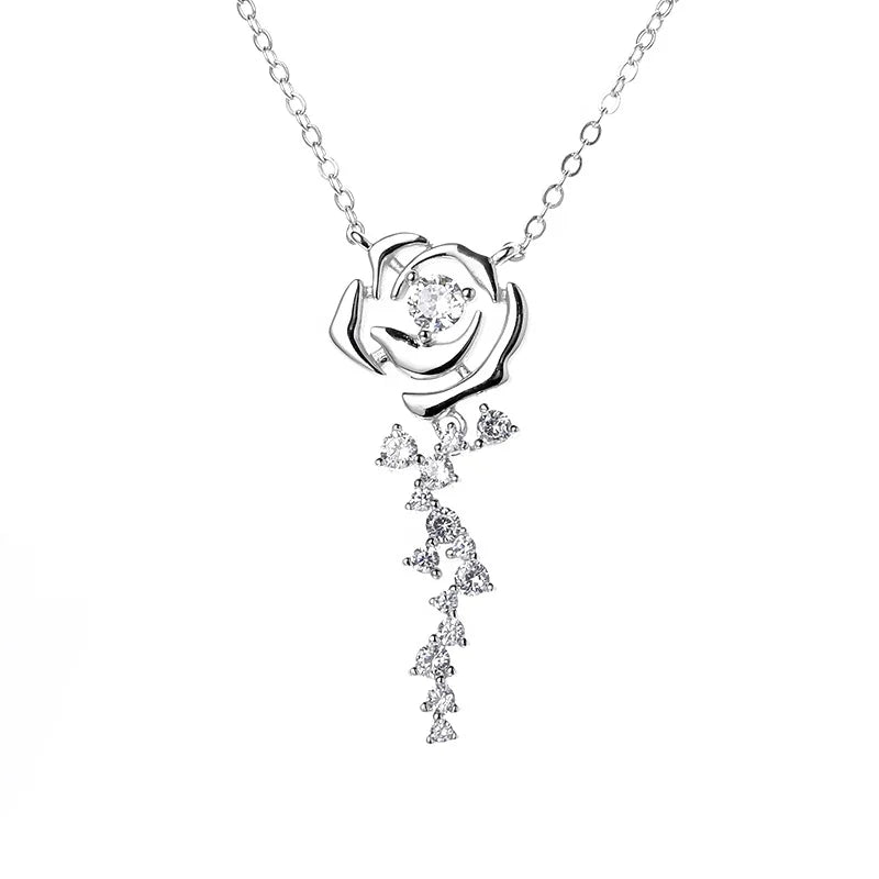 Fine Jewelry 925 Sterling Silver Moissanite Rhodium Plated Snowflake Pendant Rose Flower Collarbone Chain Necklaces for Women