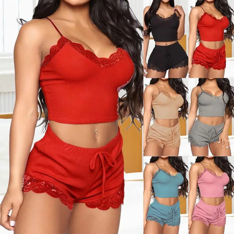 Women Night Wear Lace Nighties Sling Embroidery Solid Sexy Lingerie V-Neck Sexy Pajama Set for Women