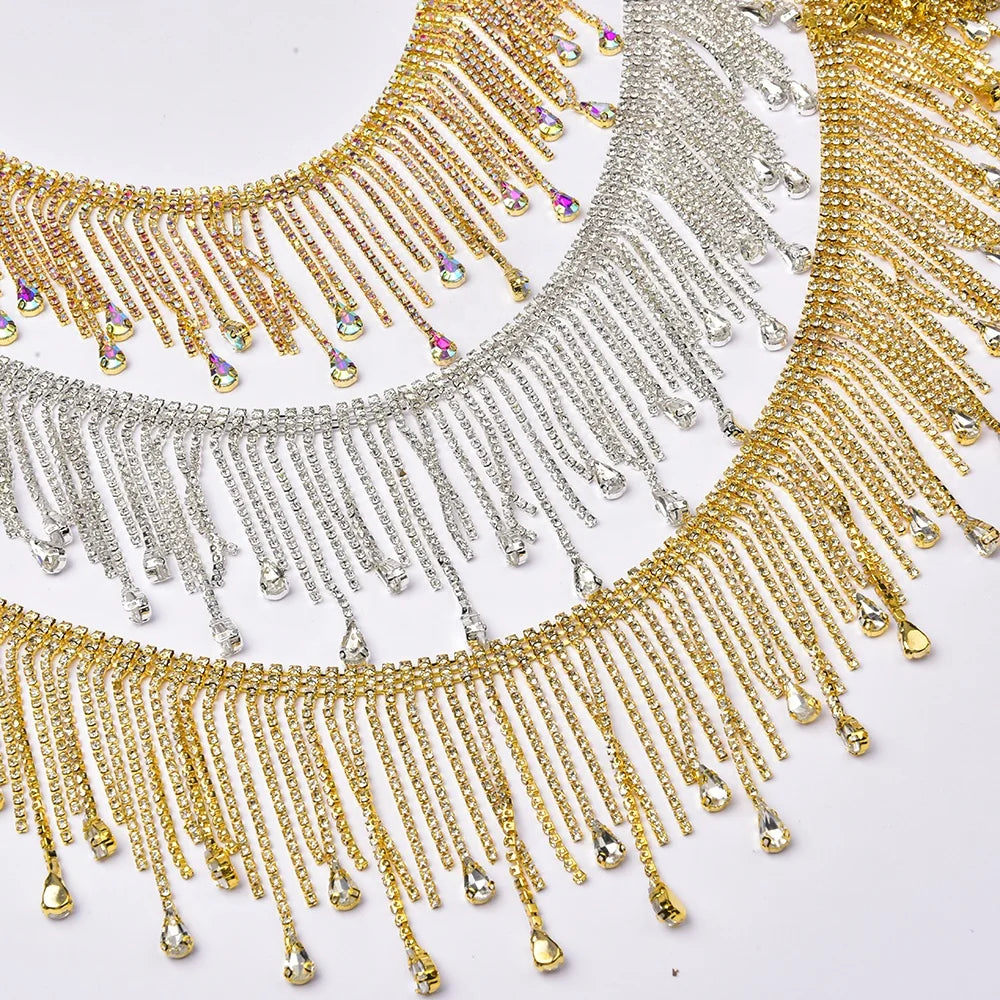 Hot Sale Copper Metal Water Drop Pendant Rhinestone Chain Fringe Crystal Tassel Trim Sew on Clothes Shoes Decorative Accessories