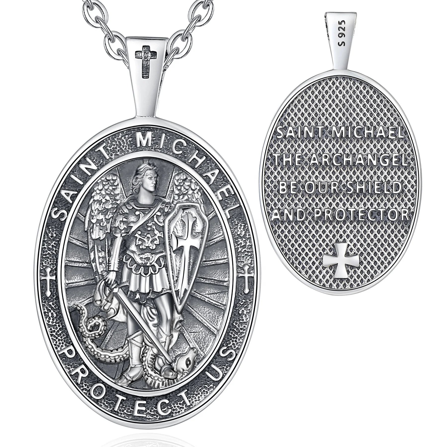 925 Sterling Silver Saint Michael Archangel Statue Pendant Necklace Vintage Style Oval Shaped Jewelry for Men Women for Weddings