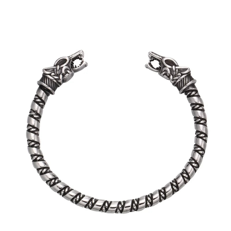 SSG-041 Steel  Adjustable Bangle Stainless Steel Men Jewelry Punk Men Double Wolf Viking Bracelet