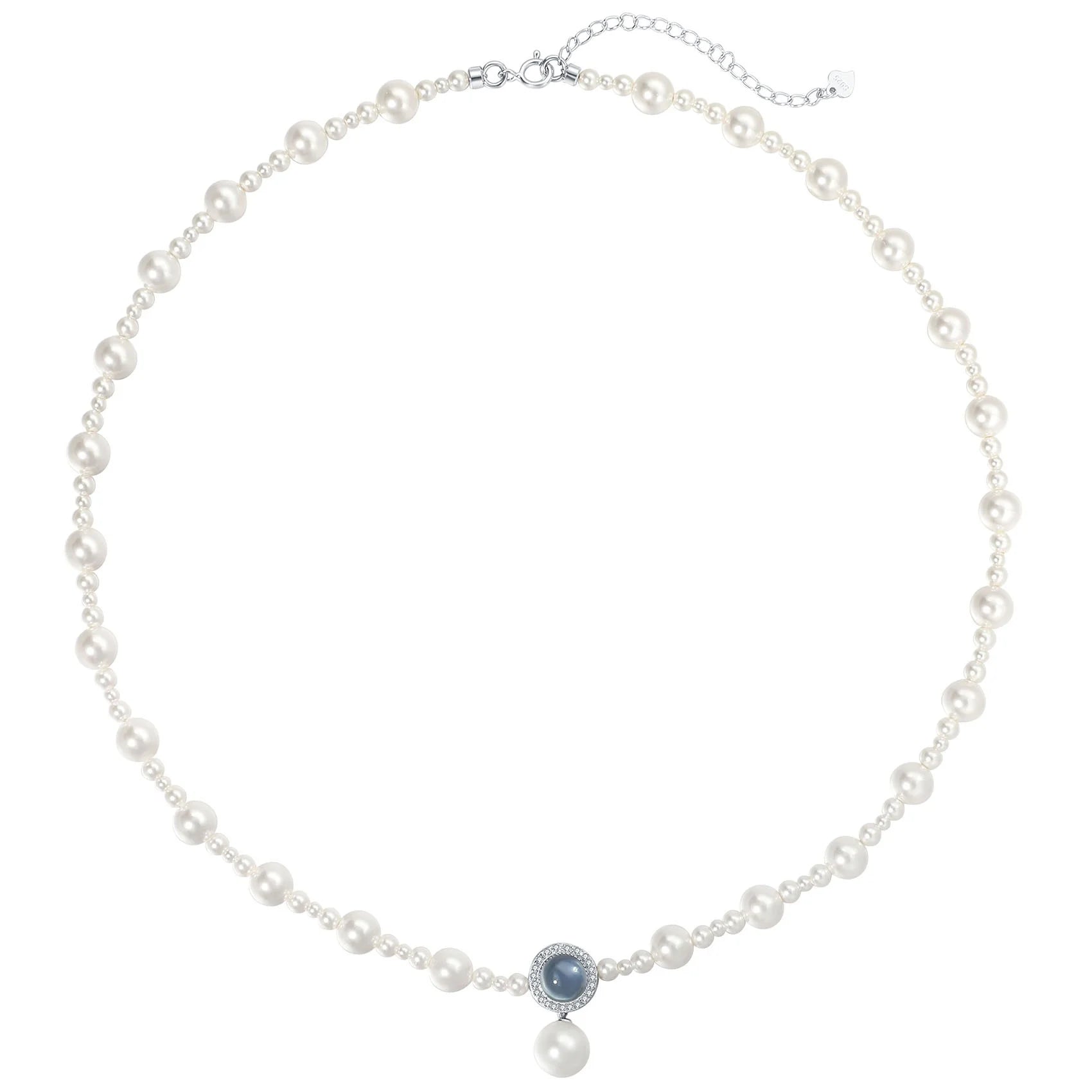 Original Design Noble Air S925 Silver Bright White Pearl Beads Aquamarine Necklace Bracelet Jewelry Set