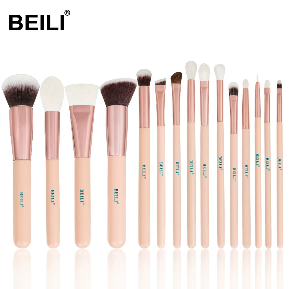 For Professional 15-Piece Pink Synthetic Goat & Pony Hair Makeup Brush Set with Private Label Custom Logo for Face