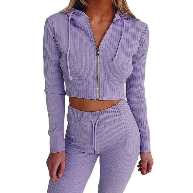 Latest Fashion Plus Size Stretchy 2-Piece Yoga Jogger Suit Front-Zip Crop Top Jogger Pants Women's Gym Fitness Breathable