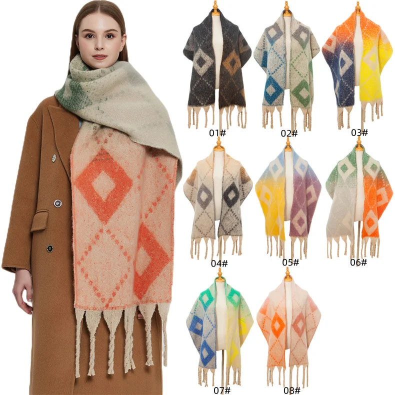 Rhombus Colored Scarf Winter Thick Mohair Large Jacquard Diamond Check Cape Wholesale Cashmere Scarves