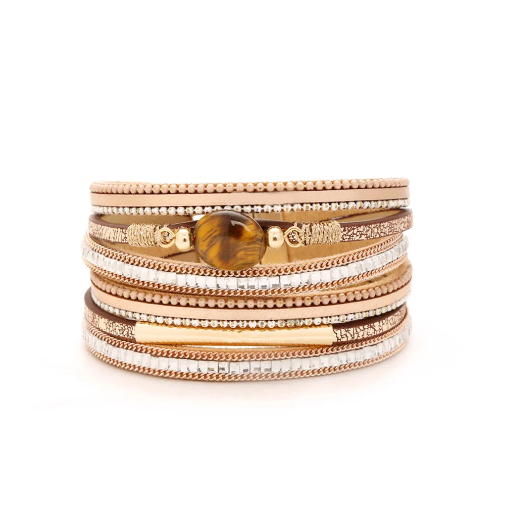 Leather Wrap Bracelet Woman Magnetic Clasp Natural Tigereye Bracelets Women Leather