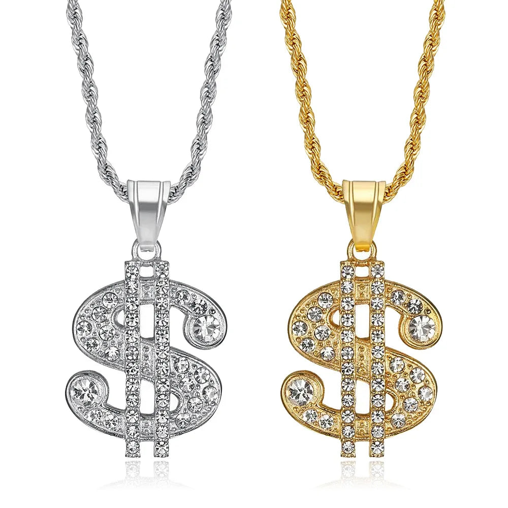 Waterproof Stainless Steel Dollar Custom Pendant Zircon Necklace 18K Gold Plated Unisex Sweater Chain Classics Hip Hop Jewelry