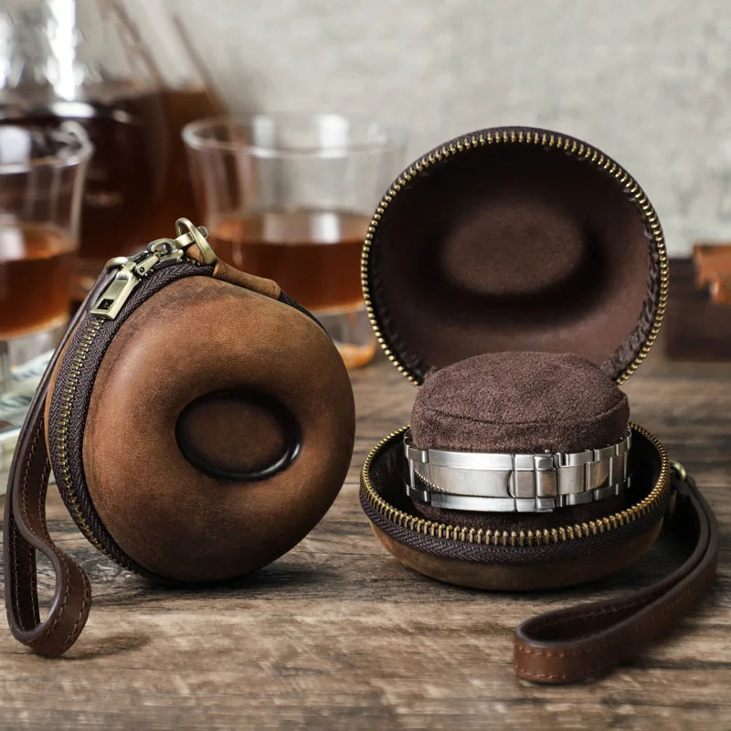 Luxury Crazy Horse Casket Single Slot Fashion Watch Pouch Travel Case Bag Leather Watch Box Storage Box Organizer WIth Zipper