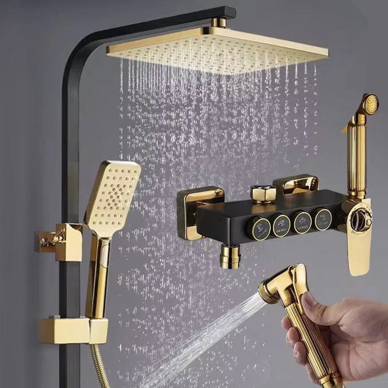 Luxury 38 Degrees Temperature Thermostat Rain-fall Black Gold Exposed Shower System Mixer Taps Set4 in 1 Times Working Sets