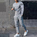 2026 Men's Grey Two-Piece Tracksuit Curved Hem Long Sleeve T-Shirt & Stripe Jogger Pants Casual Breathable Athletic Outfit
