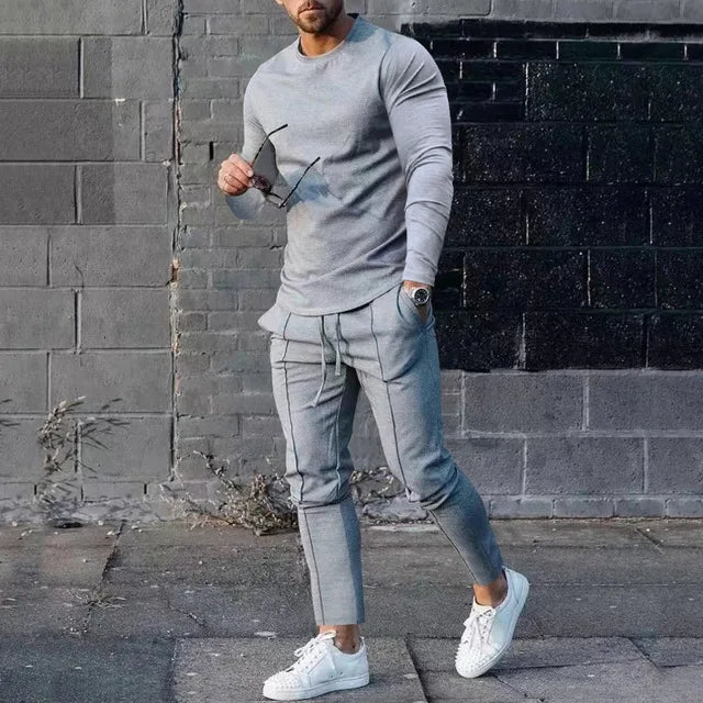 2026 Men's Grey Two-Piece Tracksuit Curved Hem Long Sleeve T-Shirt & Stripe Jogger Pants Casual Breathable Athletic Outfit