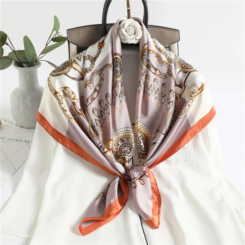 Custom Luxury Brand Print Silk Digital Printing Scarf  High Quality Square 90*90cm Satin Square Silk Scarf Shawl for Women