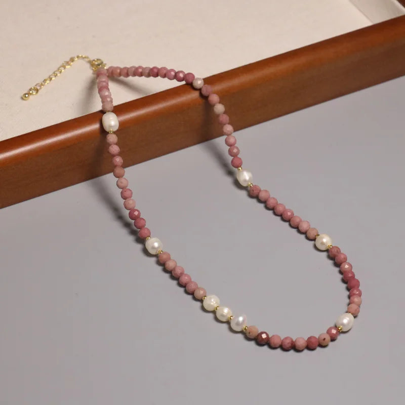 Natural Rhodochrosite Crystal Stone Beaded Necklace Natural Pearl Choker 14k Gold Chain Healing Stone Beaded Necklace for Women