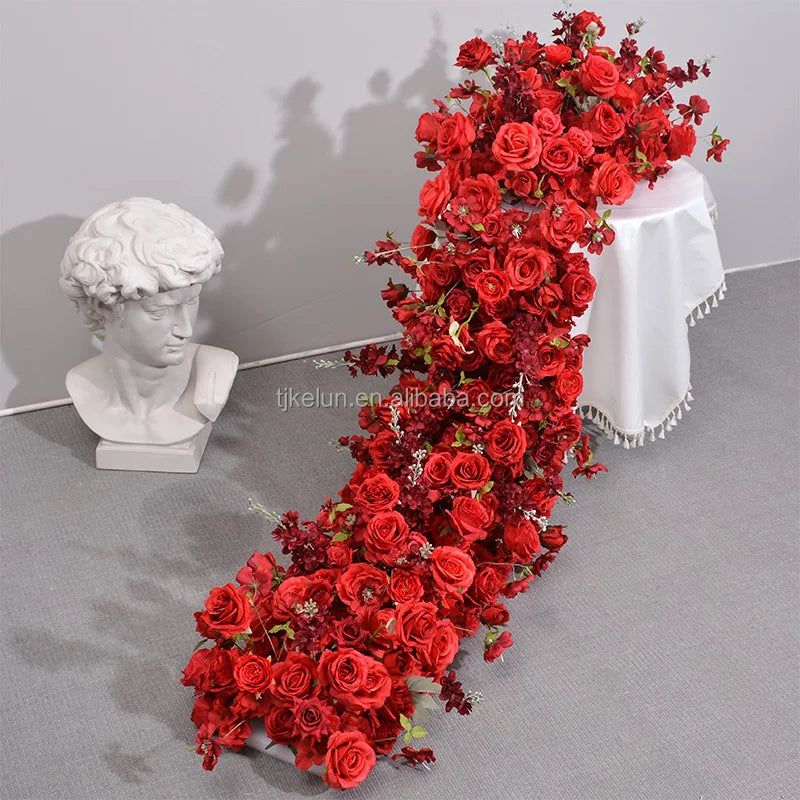 GJ-FRN052 Factory Sale Flower Runner 8ft Ready to Ship Red Flower Table Runners Flower Runner with Mesh for Wedding Decor