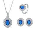 Sterling Silver Classic Style Necklace Ring Earrings Set with Genuine Gemstone Oval Halo Rhodium Plated Zircon
