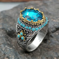 Men's Business Ring Vintage Metal Handmade Inlaid Blue Stone Ring for Man Wedding Band Turkish Jewelry