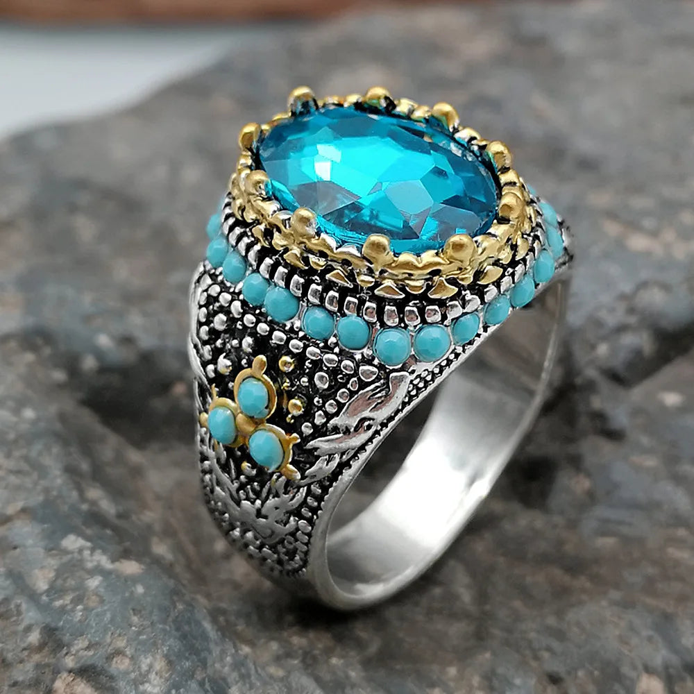 Men's Business Ring Vintage Metal Handmade Inlaid Blue Stone Ring for Man Wedding Band Turkish Jewelry