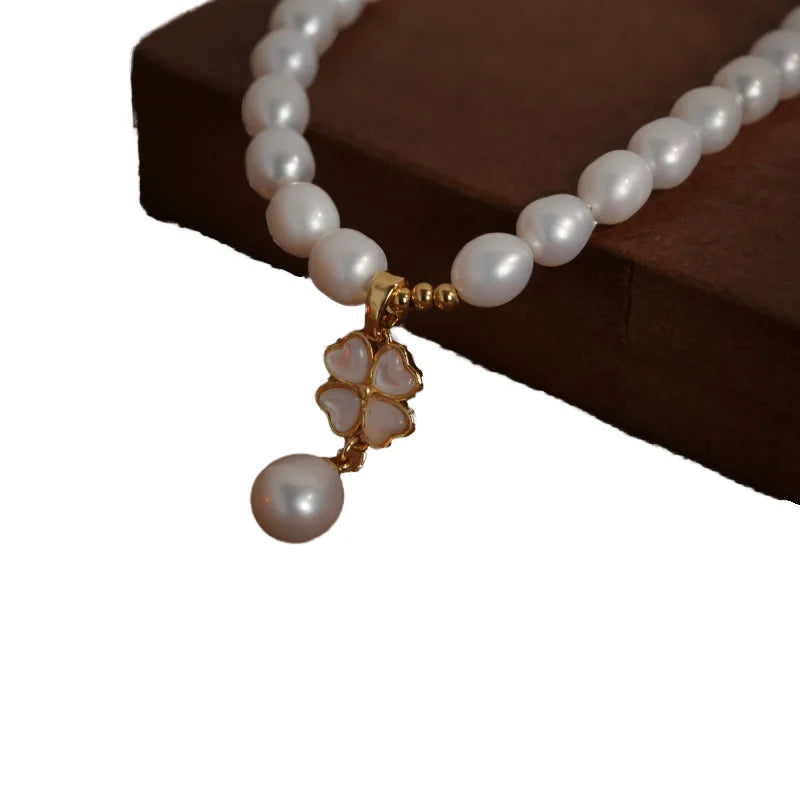 Clover Flower Charming Drop Choker Freshwater Pearl Beaded Necklace Women Trendy Jewelry