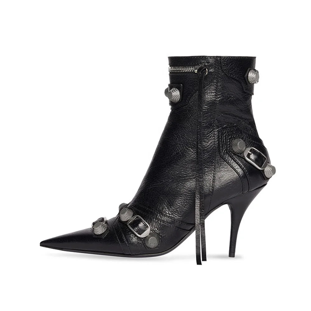 Trendy Chic Pointy Toe Black Rivet New Rock Womens Heel Ankle Studded Boots for Ladies