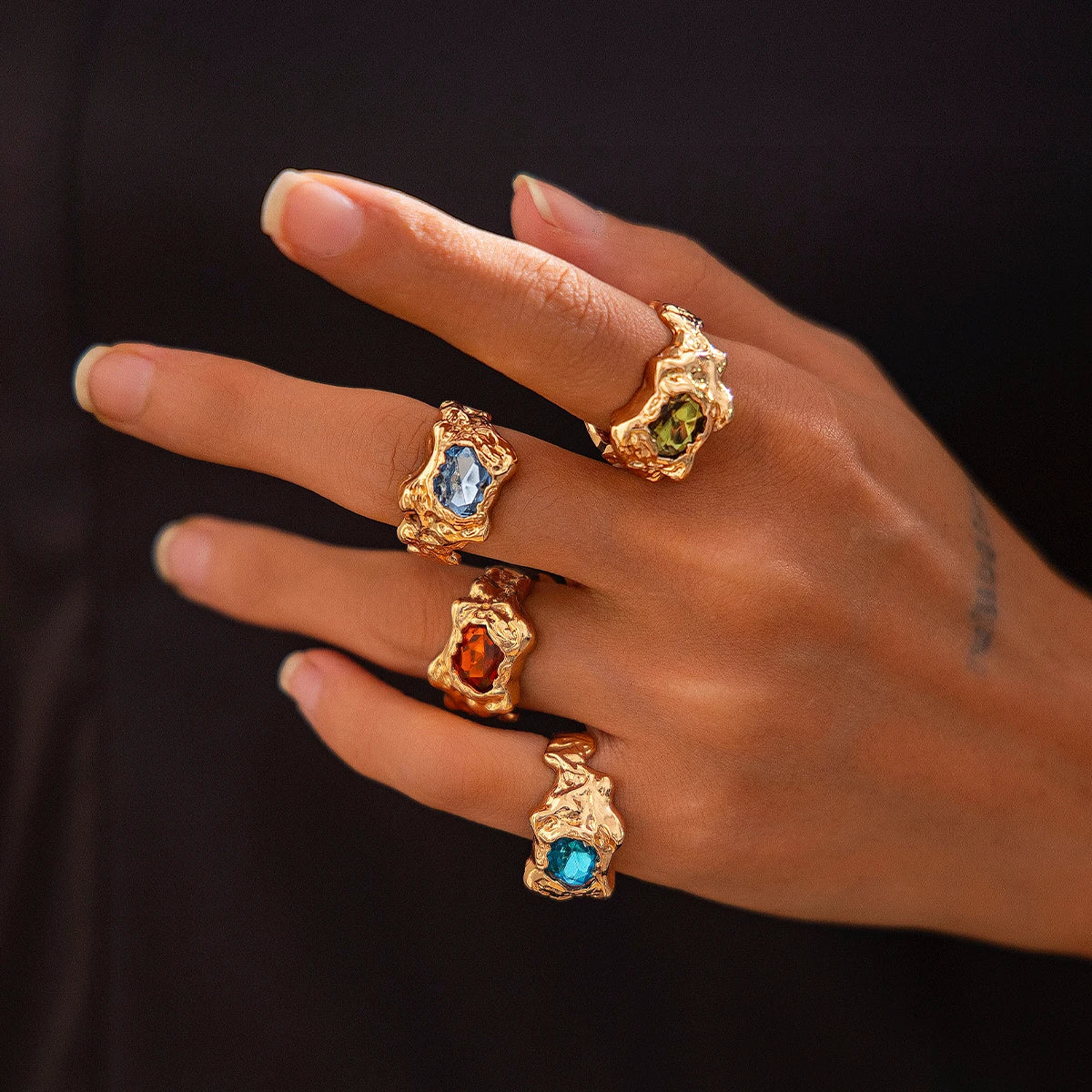 4Pcs/Set SHIXIN Fashion Irregular Colorful Gemstone Rings for Men/Women Trendy Opening Finger Ring Set Party Jewelry Accessories