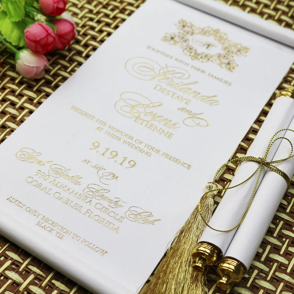Luxury Velvet Design Gold and White Scroll Wedding Invitations with Tassel Decoration