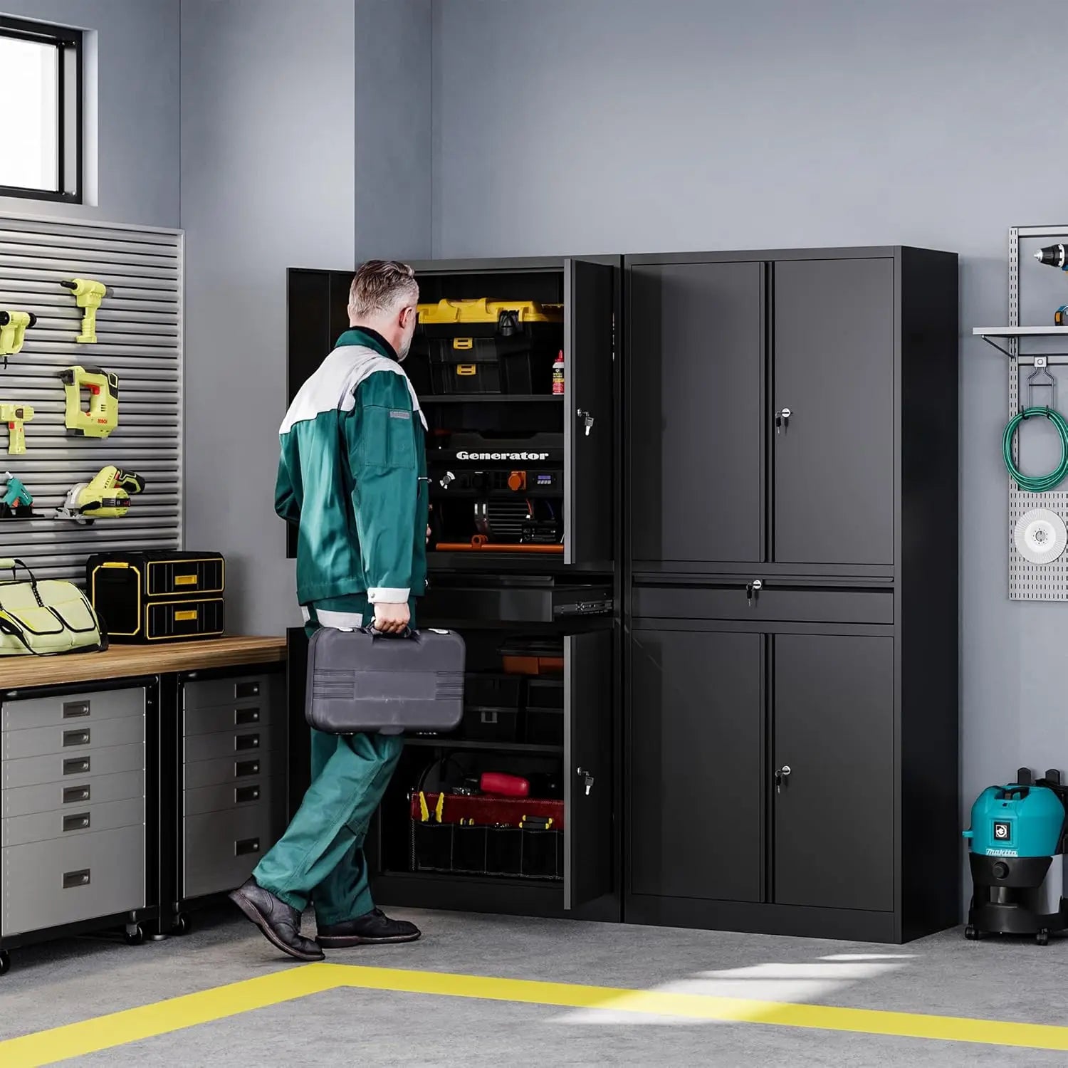 Metal Garage Storage Cabinet with Drawer 4 Door Tool Cabinet with Lock-2 Adjustable Shelves for Garage Home Office Utility Room
