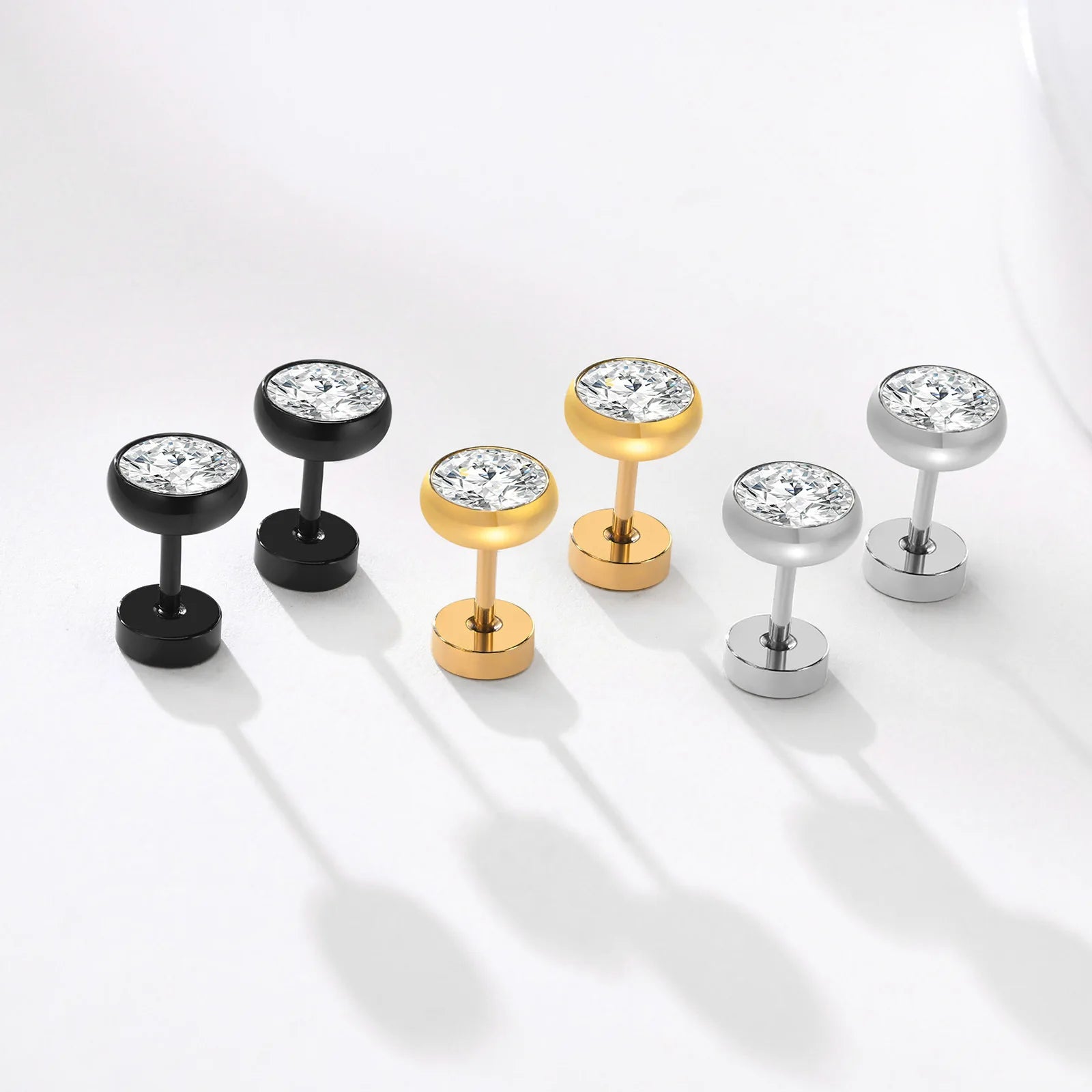 Trendy 18K Gold Plated Single Round Zirconia Simple Stud Earrings Wholesale Stainless Steel Jewelry for Men Women