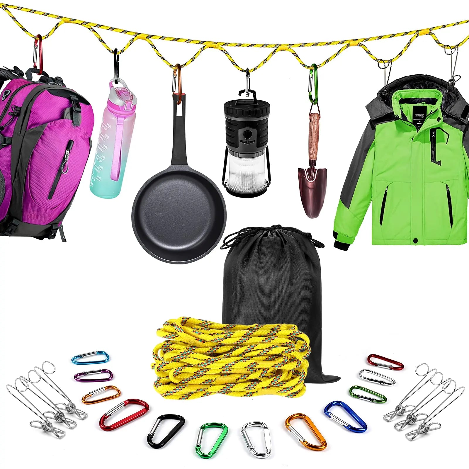 Campsite Storage Strap Camping Accessories 16ft Adjustable Tent Camping Lanyard Rope Clothesline for Hanging Camping Gear Tent