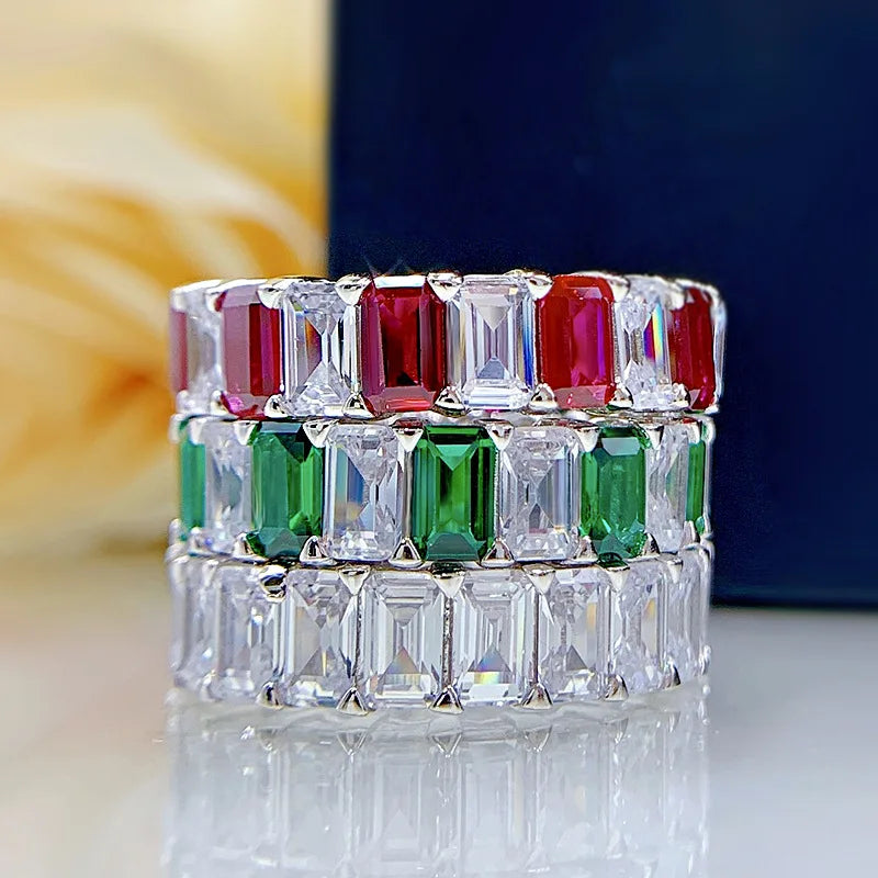 925 Sterling Silver Waterproof Diamond Ring with Emerald-Cut Square Full-Circle Diamond Setting