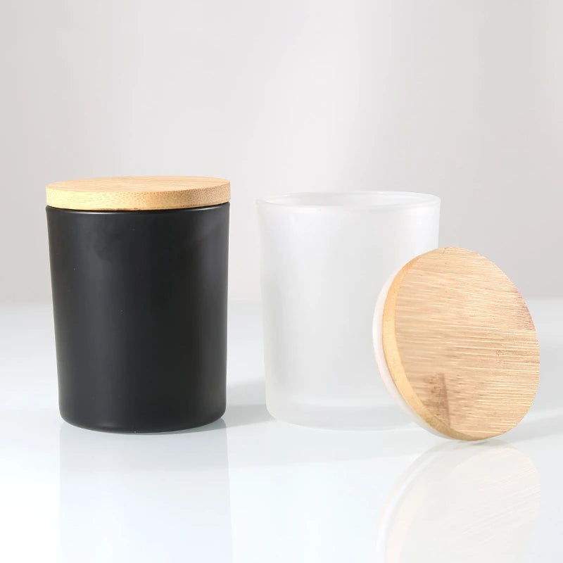Empty Colorful 200ml 300ml 430ml Matte Black White Amber Glass Candle Jars with Bamboo Wooden Lids