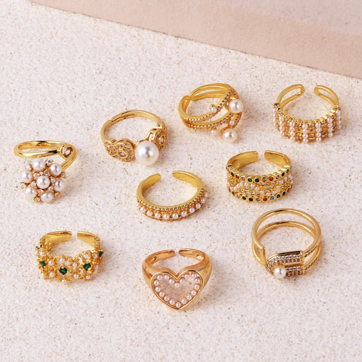 Luxury Gold Color Pearl Zircon Rings for Women Open Adjustable Flower Heart Shape Ring Fashion Elegant Jewelry Gifts