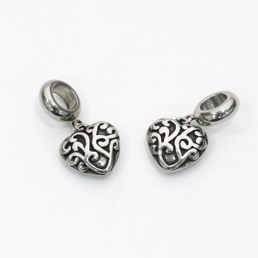 Stainless Steel Silver Plated Classic Big Hole Dainty Flower on Heart Shape Charms for Women Jewelry