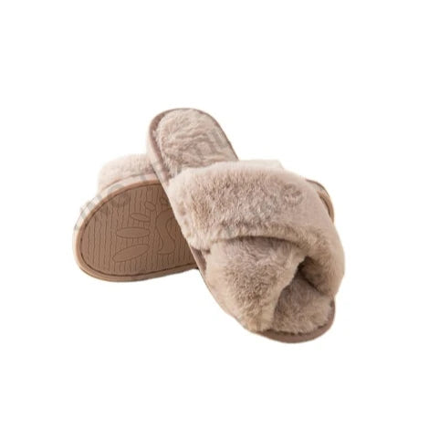 Fung Stock Woman Cross Strap TPR Sole Fluffy Fuzzy Indoor Plush Faux Fur Slippers
