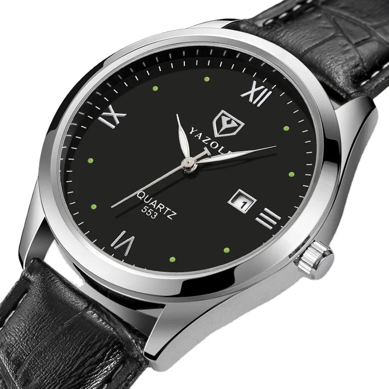 YAZOLE Quartz Men Watches Leather Strap Date Waterproof Luminous Hands Fashion Ultra Thin Wristwatch for Men Reloj Hombre