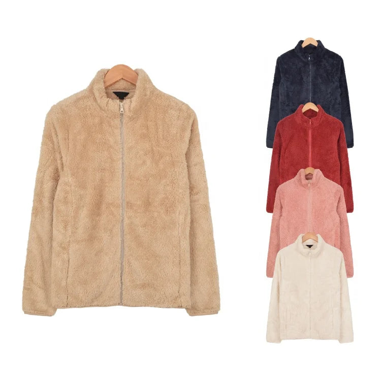 Winter Thermal Resin Zipper Full Zip up Jackets Woman Soft Plush Sherpa Mock Neck Womens Jacket