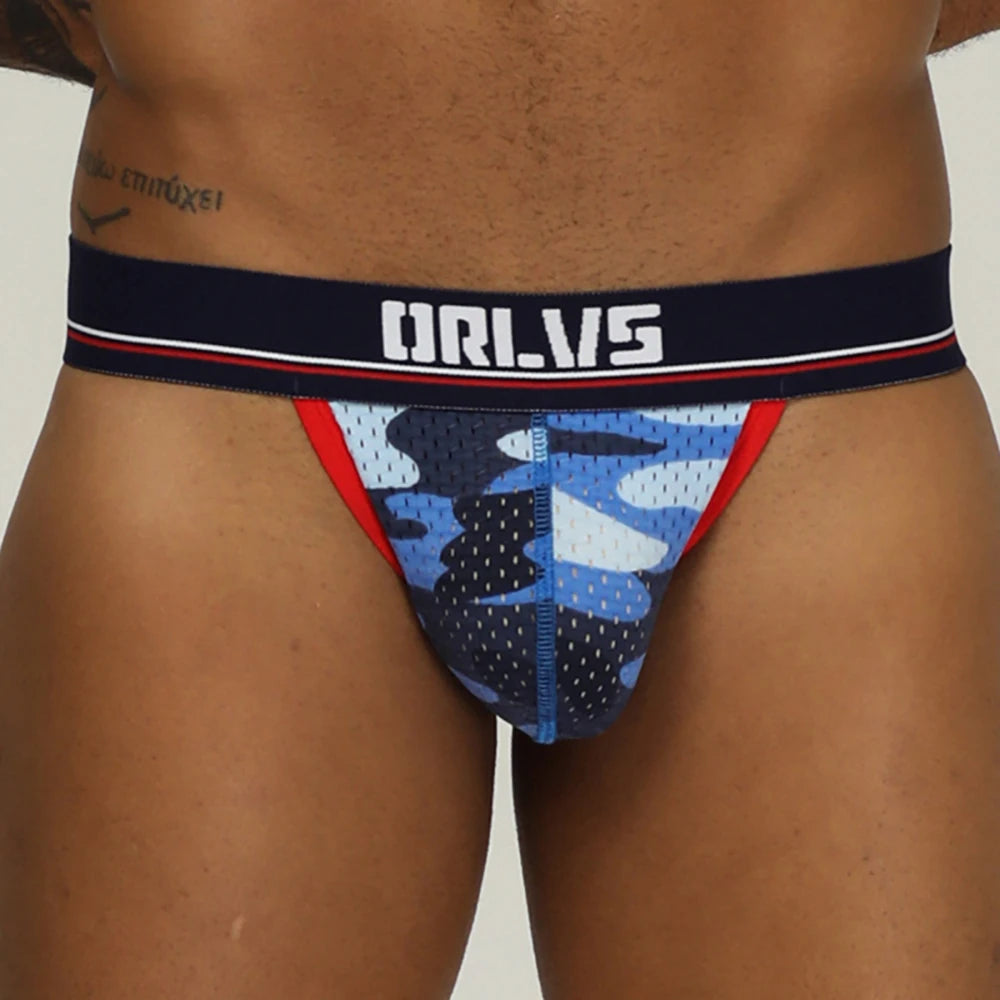 Trendy Men's Low Waist T-Back G-String Breathable Navy Camouflage Jockstrap Hip Revealing Underwear Knitted Navy Knitted