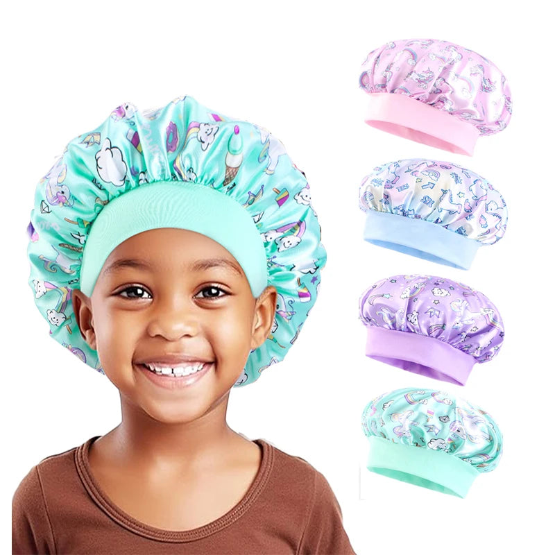 New Arrival Cartoon Pattern Kids Hair Bonnets Wide Band Sleep Night Cap Cute Satin Bonnets for Kids
