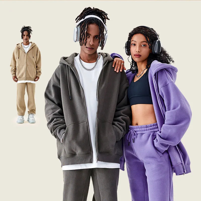 Men's Hoodie Cross-border Leisure Sports Set Solid Color Hoodie Men's and Women's Simple Zippered Hoodie Tracksuits for Men