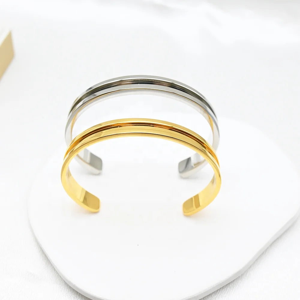 Fashionable Stainless Steel Grooved Hair Tie Bracelet Cuff Bangle Minimalist Waterproof Gold Plated Adjustable Open Bracelet