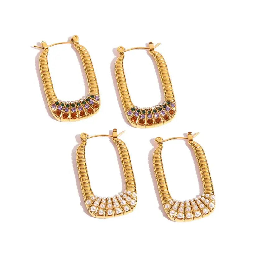 Statement Vintage Stainless Steel Unique Geometric Stripe Square Hoop Earrings Hypoallergenic Daily Wear Rectangle Shape
