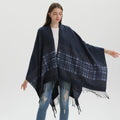 Fashion Ladies Sleeveless Winter Cashmere Ponchos Female Navy Plain Plaid Pattern Cardigans Women Open Ponchos With Tassels