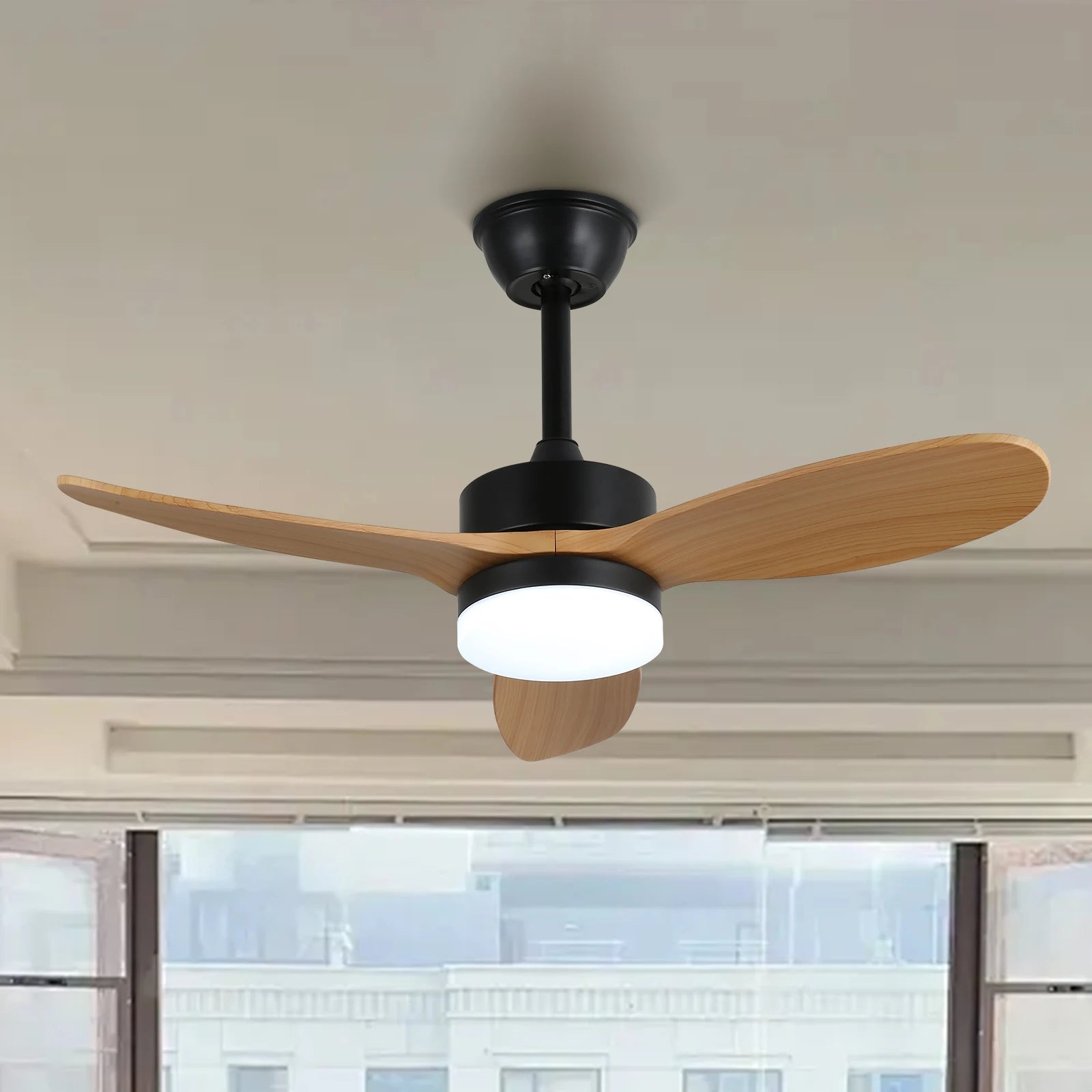 35.4'' Modern Nordic Simple 6 Wooden Blades Household Low Noise 6 Speed with Remote Control Black LED Ceiling Fan With Light