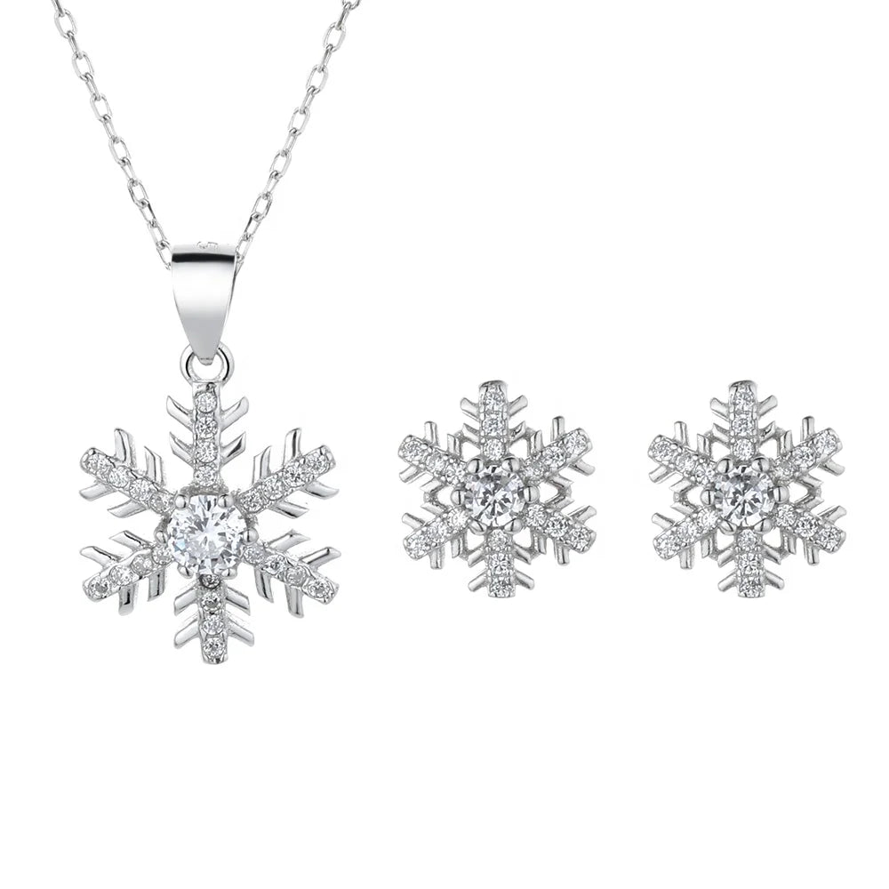 Wholesale 925 Silver Fashion Snowflake Pendant Necklace Compact Gift Woman Jewelry Set
