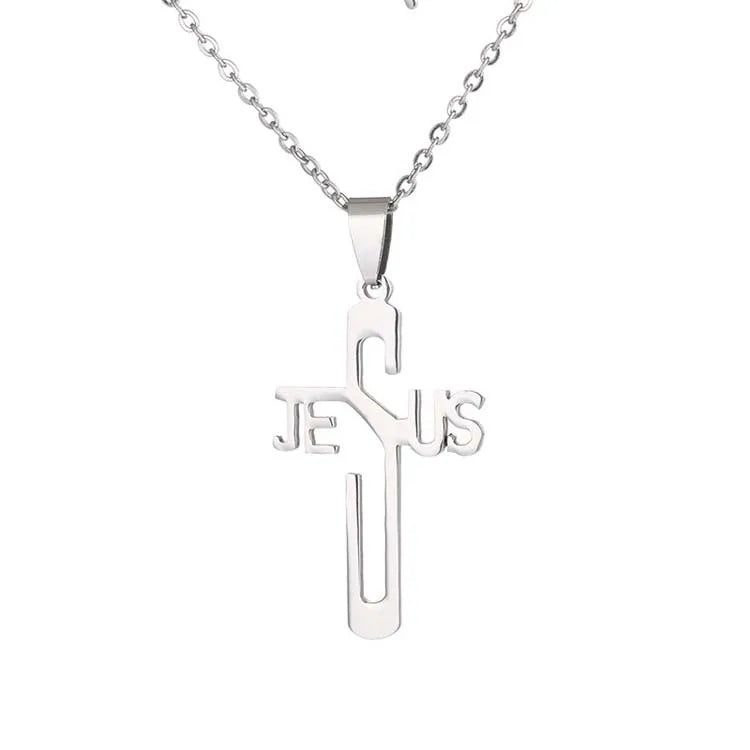 Hot Selling New Religious Stainless Steel Personalized Hollowed Out Cross Jesus Letter Pendant Necklace