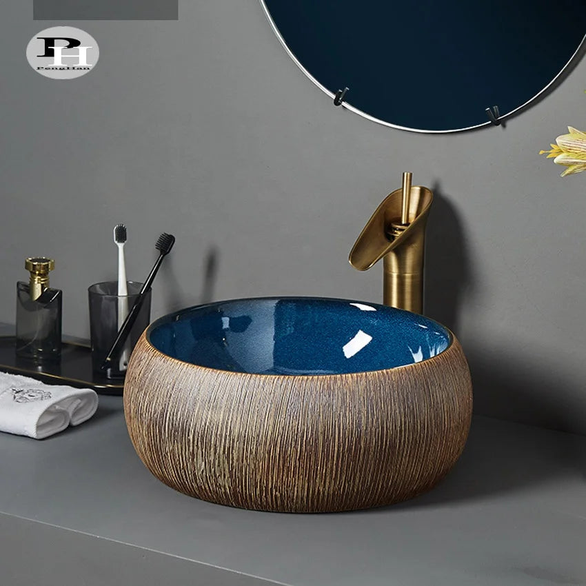Color Glazed Hand-Curved Ceramic Art Double Color Modern Design Shape Water Resistant Eco-Friendly Counter Bathroom Basin for