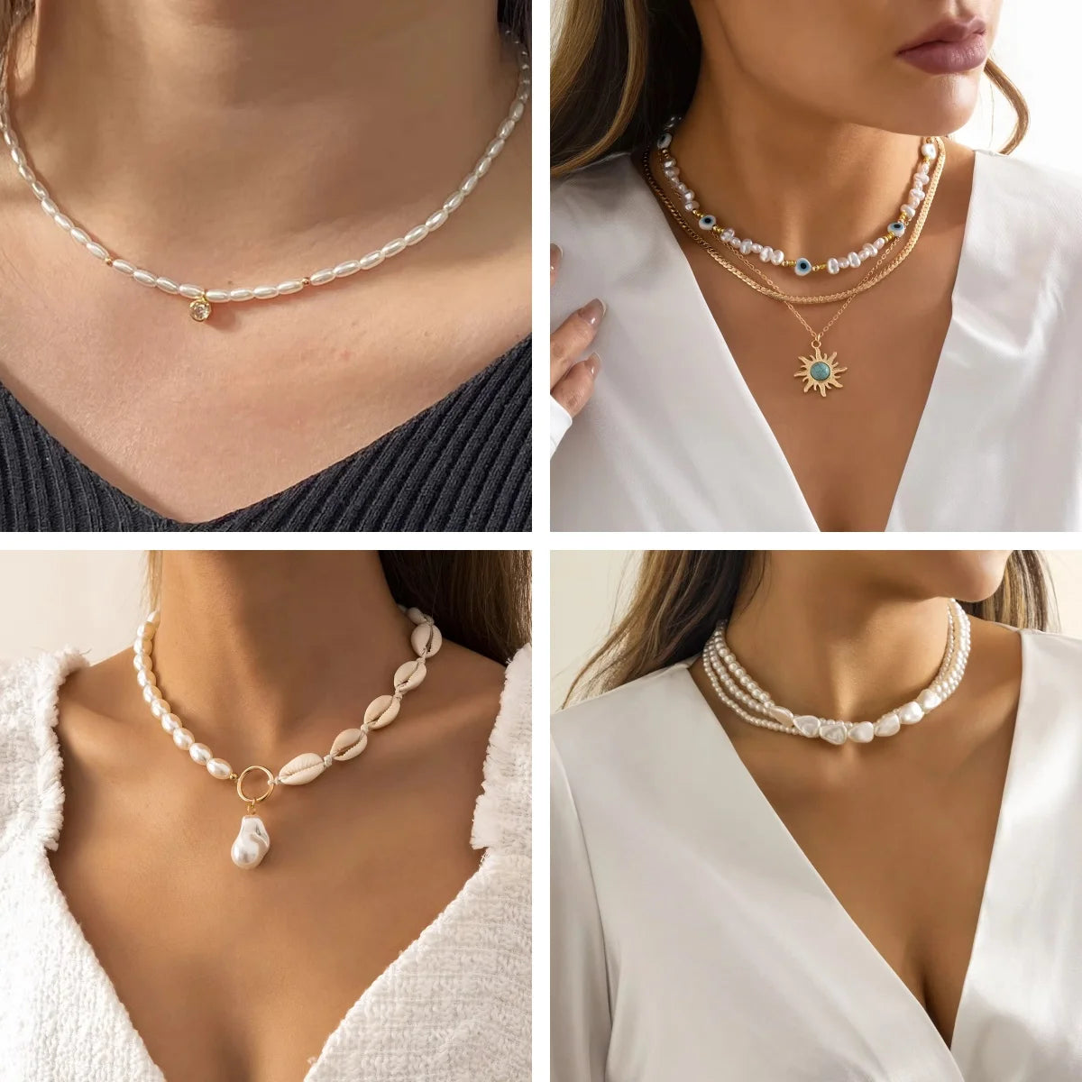Hot-Sell Elegant Hypoallergenic Stainless Steel Gold Plated Pearl Necklace Crystal Charm Necklace