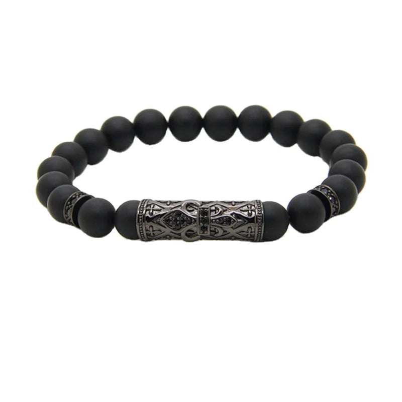 Renting Jewelry Natural Stone Matte Onyx CZ Pave Anchor Charm Beads Elastic Bracelet for MenJBS9040